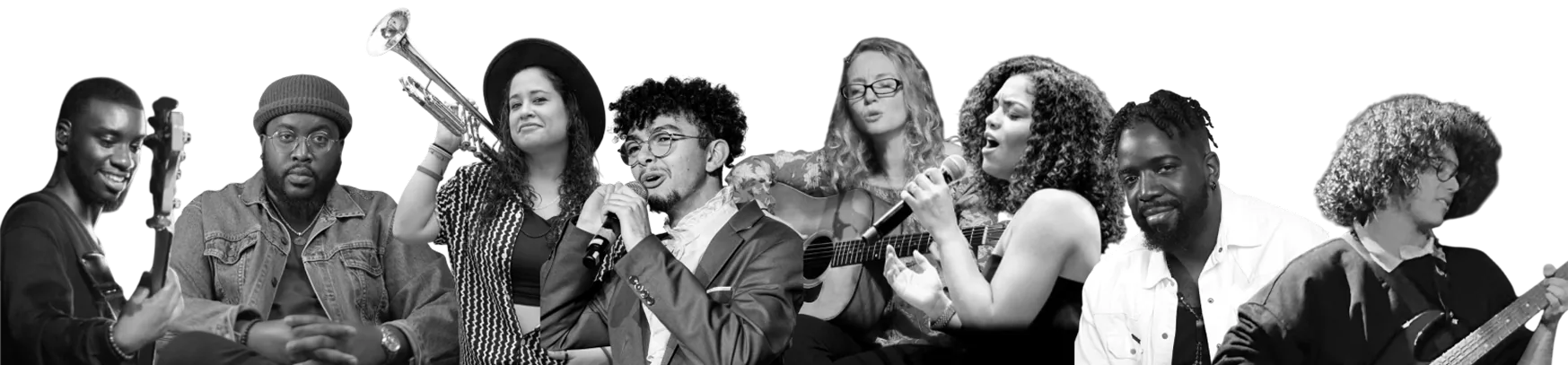 Black-and-white group photo of musicians and singers performing with guitars, a trumpet, and microphones.